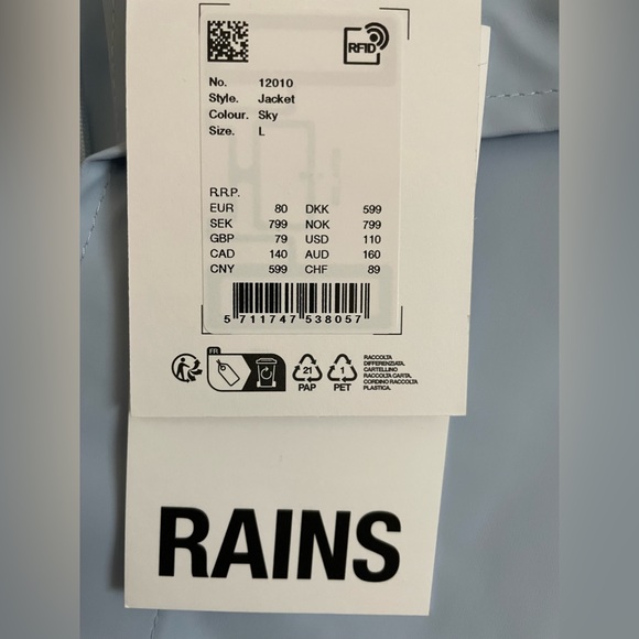NWT Rains Hooded Jacket Sky Color Size L - Picture 9 of 10